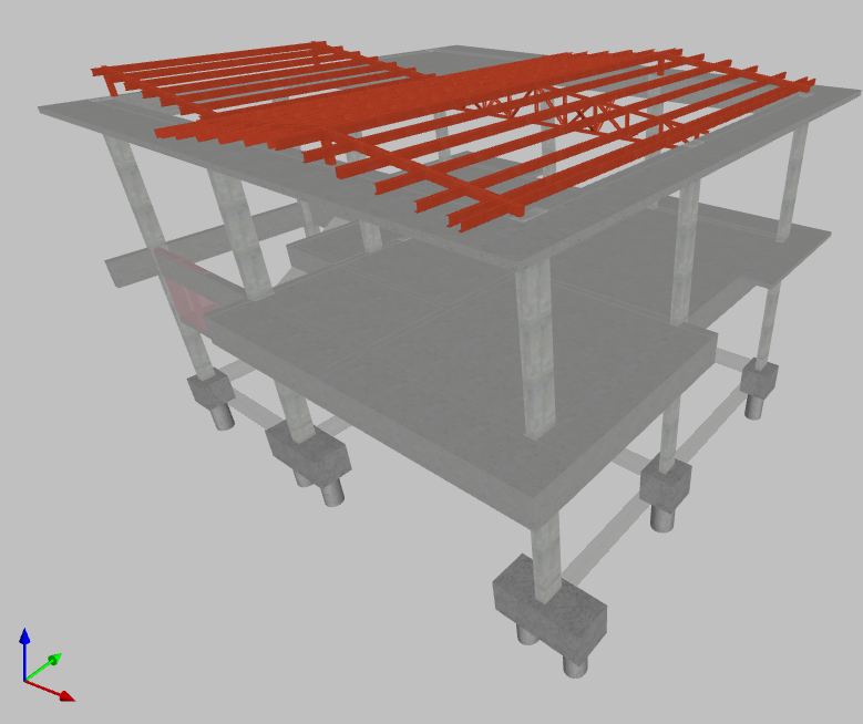 Modelo estructural de H° A° con cubierta metálica, sobre pilotes
